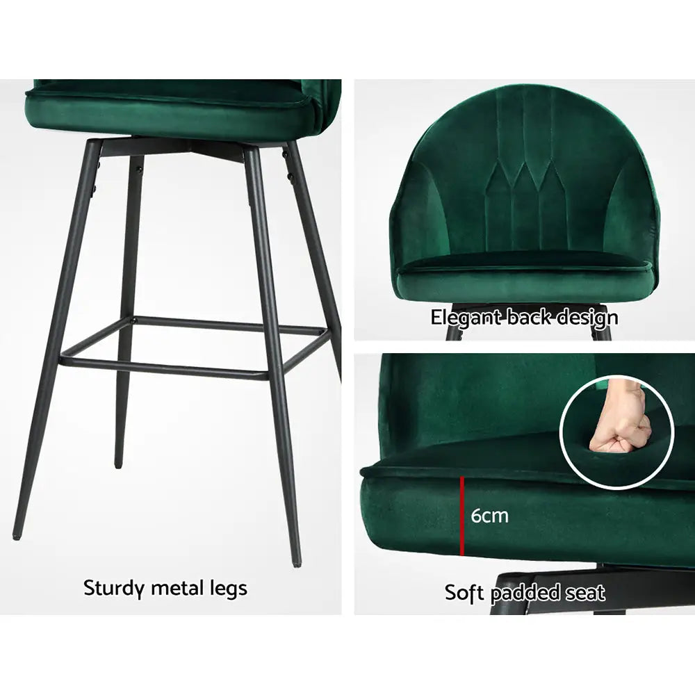 Artiss 2x Bar Stools Velvet Swivel Metal Legs Green - Furniture > Bar Stools & Chairs