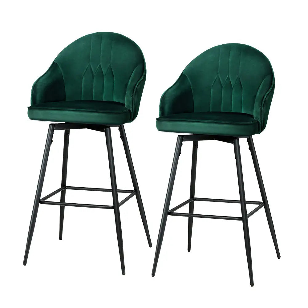 Artiss 2x Bar Stools Velvet Swivel Metal Legs Green - Furniture > Bar Stools & Chairs