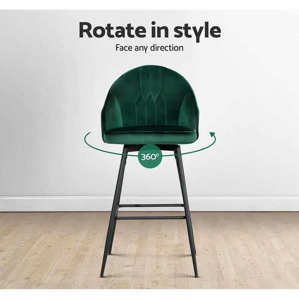 Artiss 2x Bar Stools Velvet Swivel Metal Legs Green - Furniture > Bar Stools & Chairs