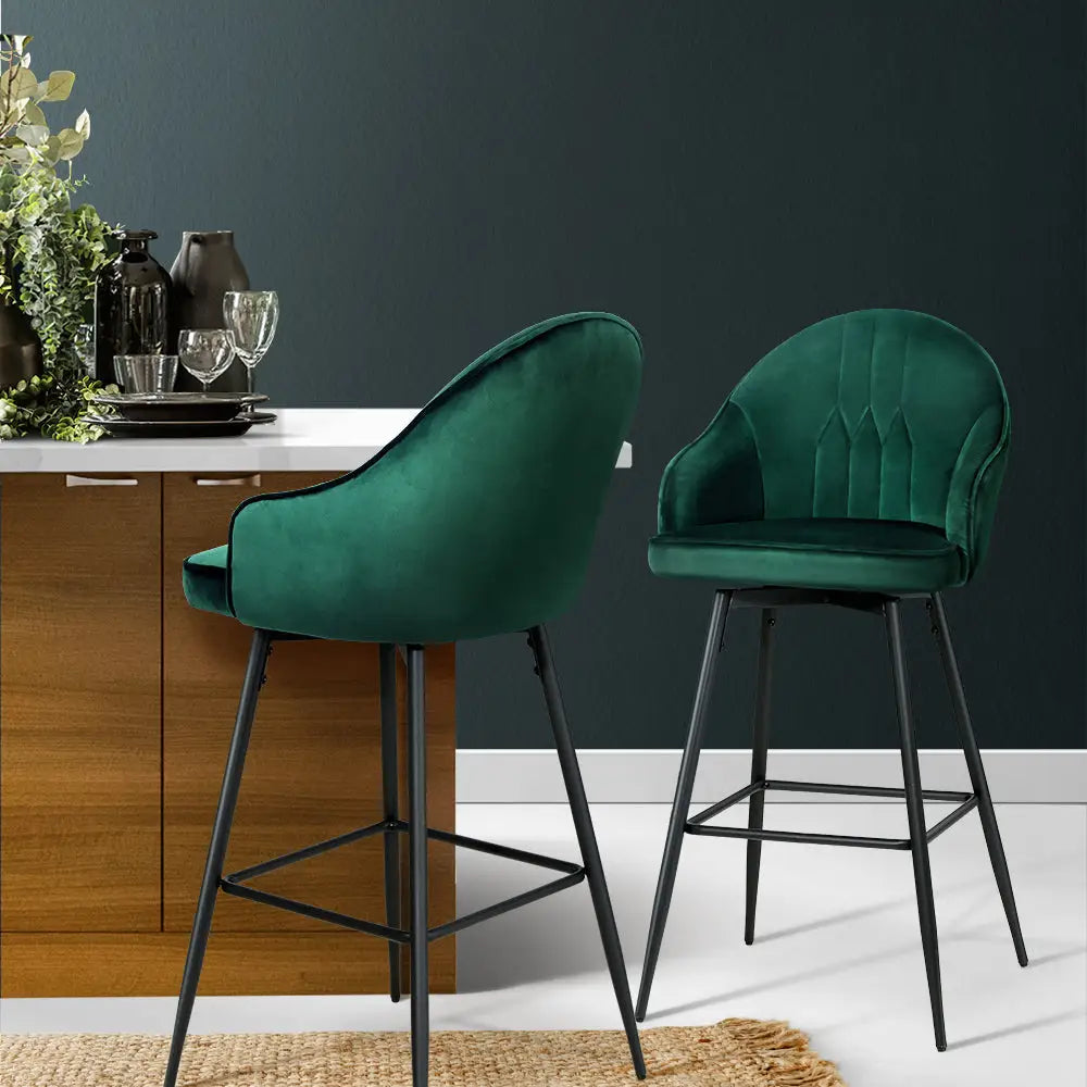 Artiss 2x Bar Stools Velvet Swivel Metal Legs Green - Furniture > Bar Stools & Chairs