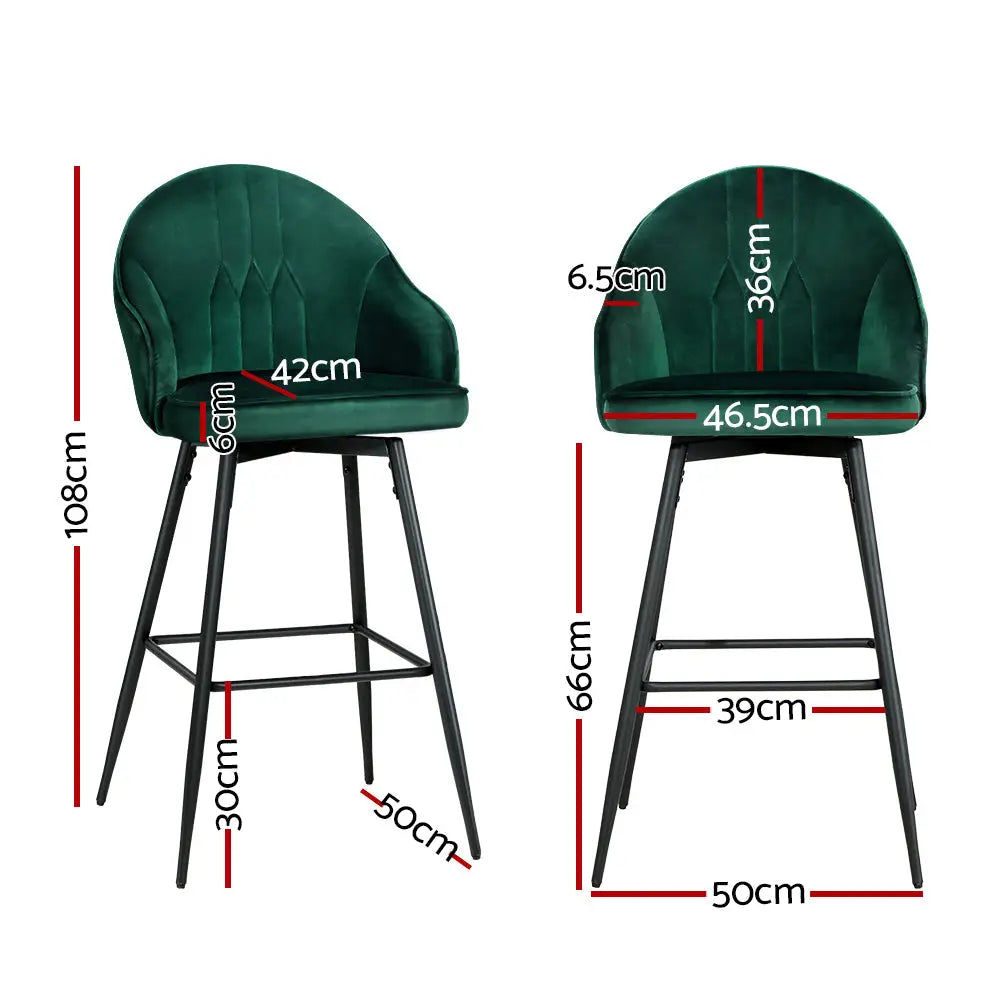 Artiss 2x Bar Stools Velvet Swivel Metal Legs Green - Furniture > Bar Stools & Chairs