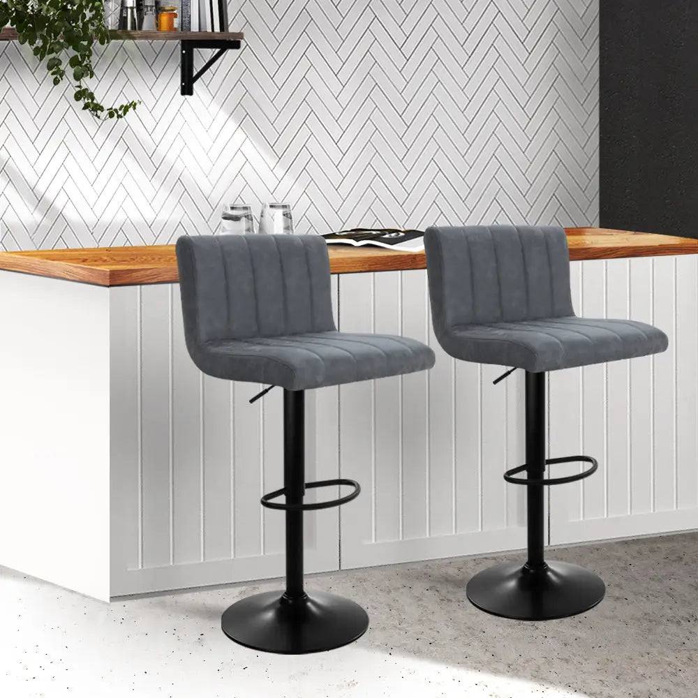 Artiss 2x Bar Stools Vintage Leather Gas Lift Grey - Furniture > Bar Stools & Chairs