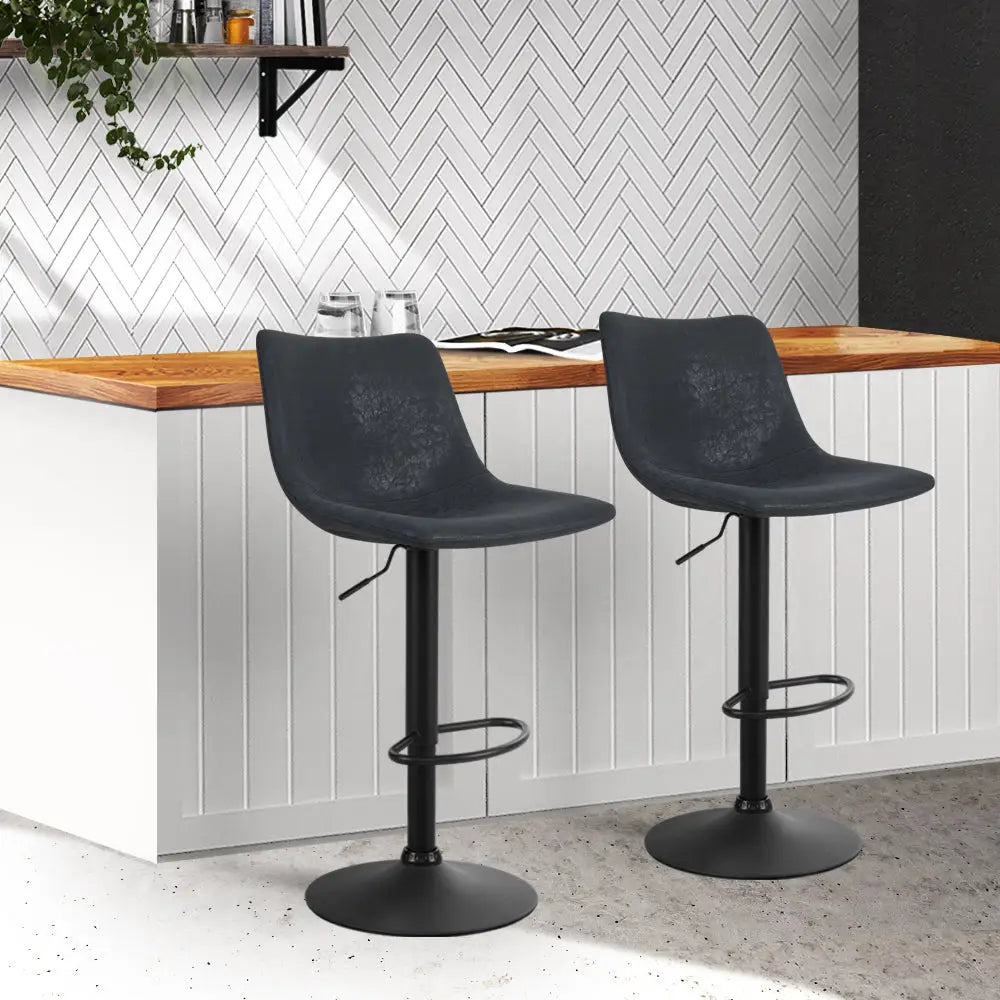 Artiss 2x Bar Stools Vintage Leather Swivel Gas Lift Black - Furniture > Bar Stools & Chairs