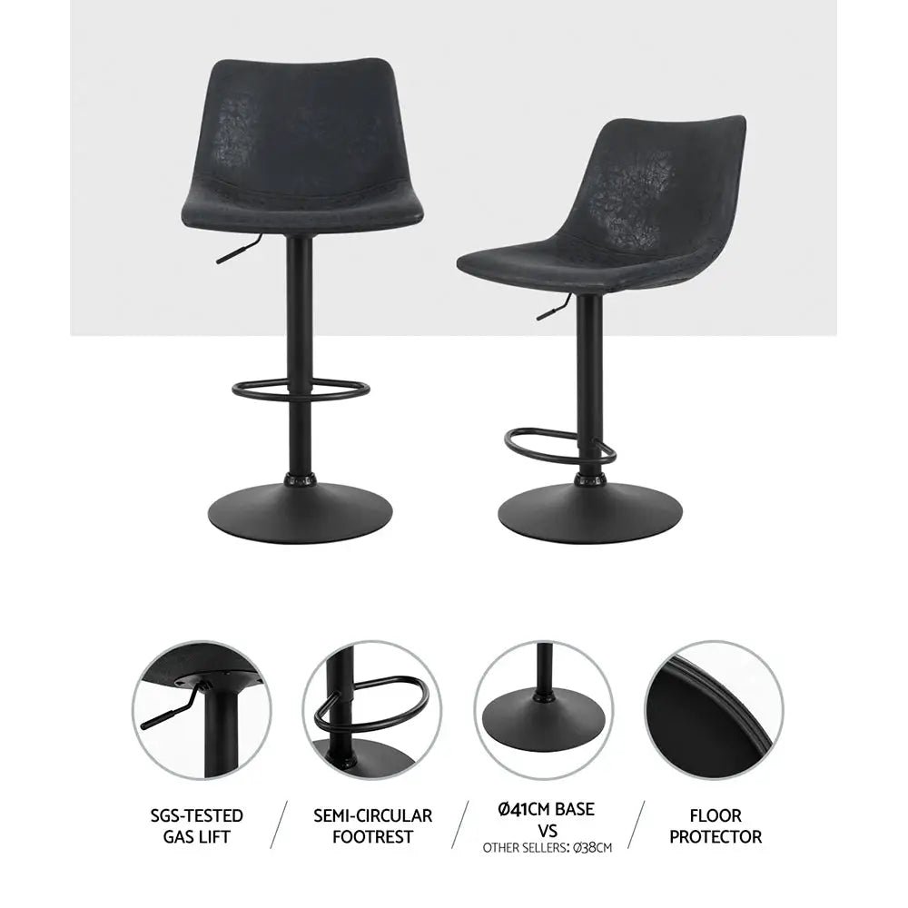 Artiss 2x Bar Stools Vintage Leather Swivel Gas Lift Black - Furniture > Bar Stools & Chairs
