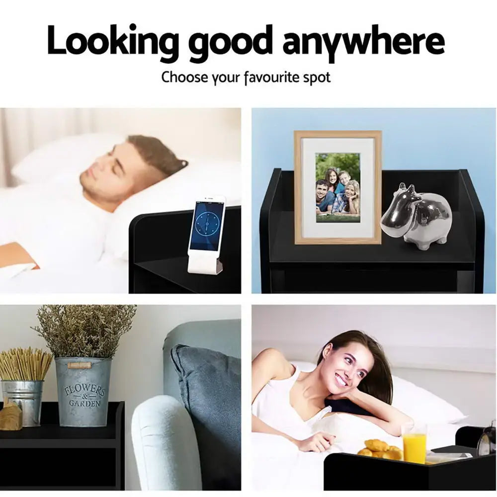 Artiss 2X Bedside Table 1 Drawer with Shelf - FARA Black - Furniture > Bedroom > Bedside Tables