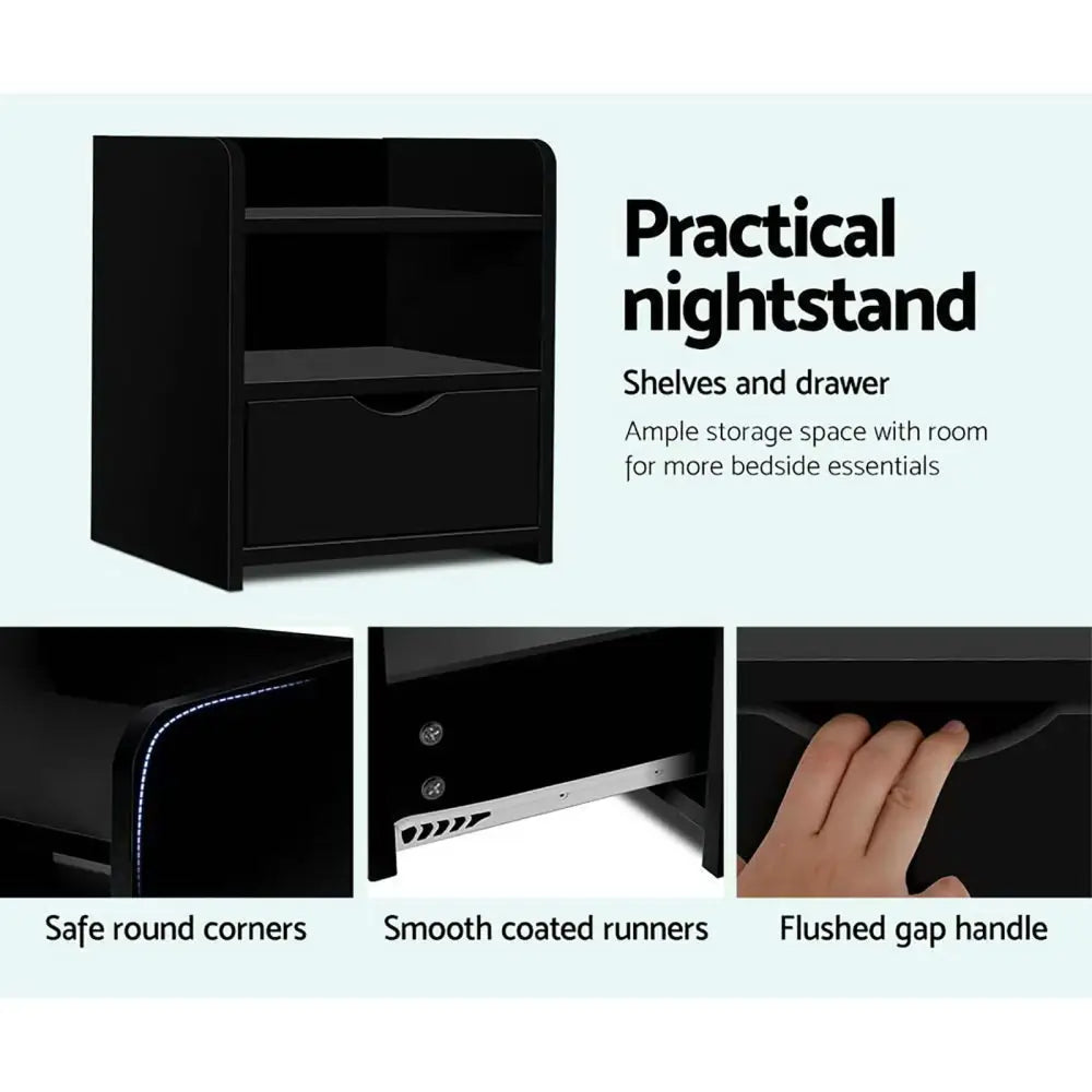 Artiss 2X Bedside Table 1 Drawer with Shelf - FARA Black - Furniture > Bedroom > Bedside Tables