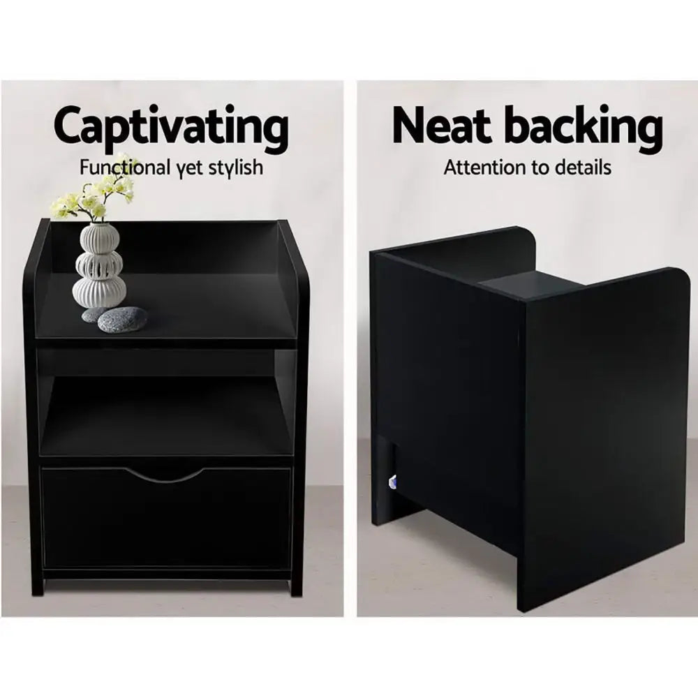 Artiss 2X Bedside Table 1 Drawer with Shelf - FARA Black - Furniture > Bedroom > Bedside Tables