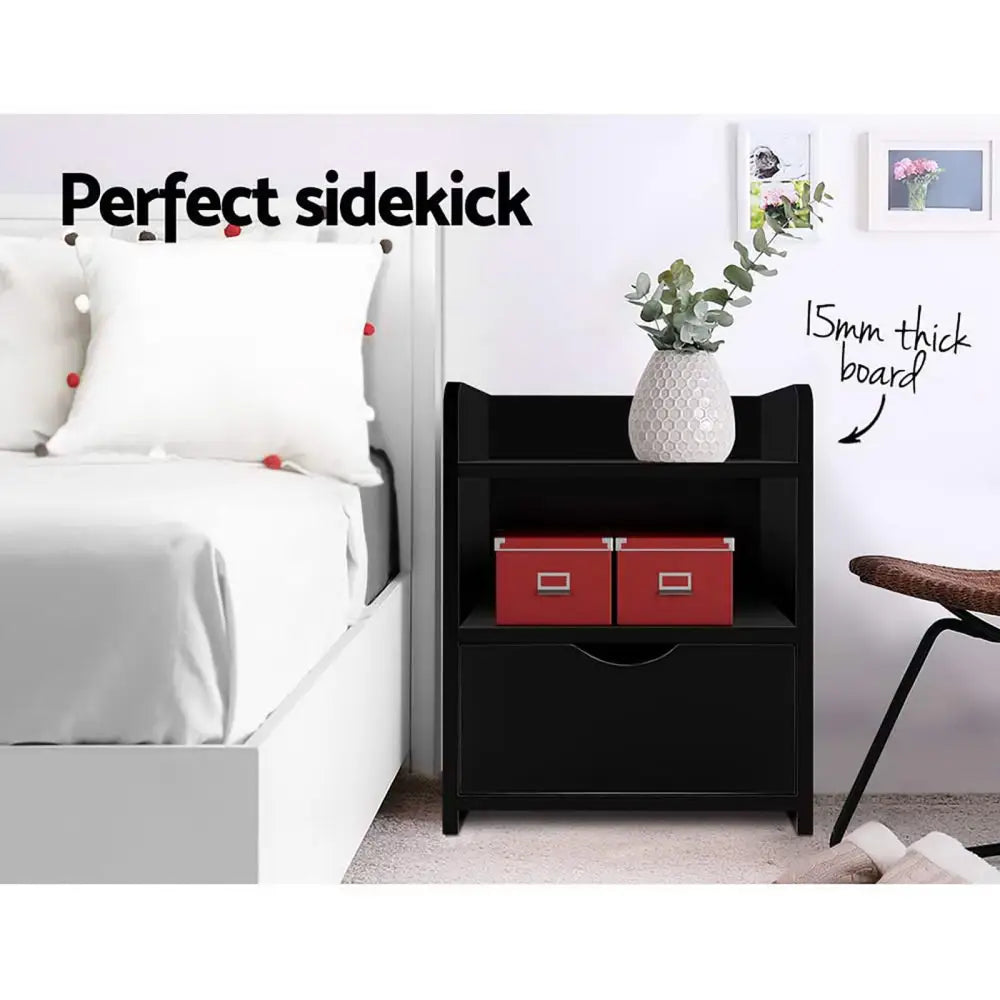 Artiss 2X Bedside Table 1 Drawer with Shelf - FARA Black - Furniture > Bedroom > Bedside Tables