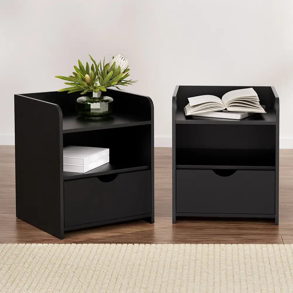Artiss 2X Bedside Table 1 Drawer with Shelf - FARA Black - Furniture > Bedroom > Bedside Tables