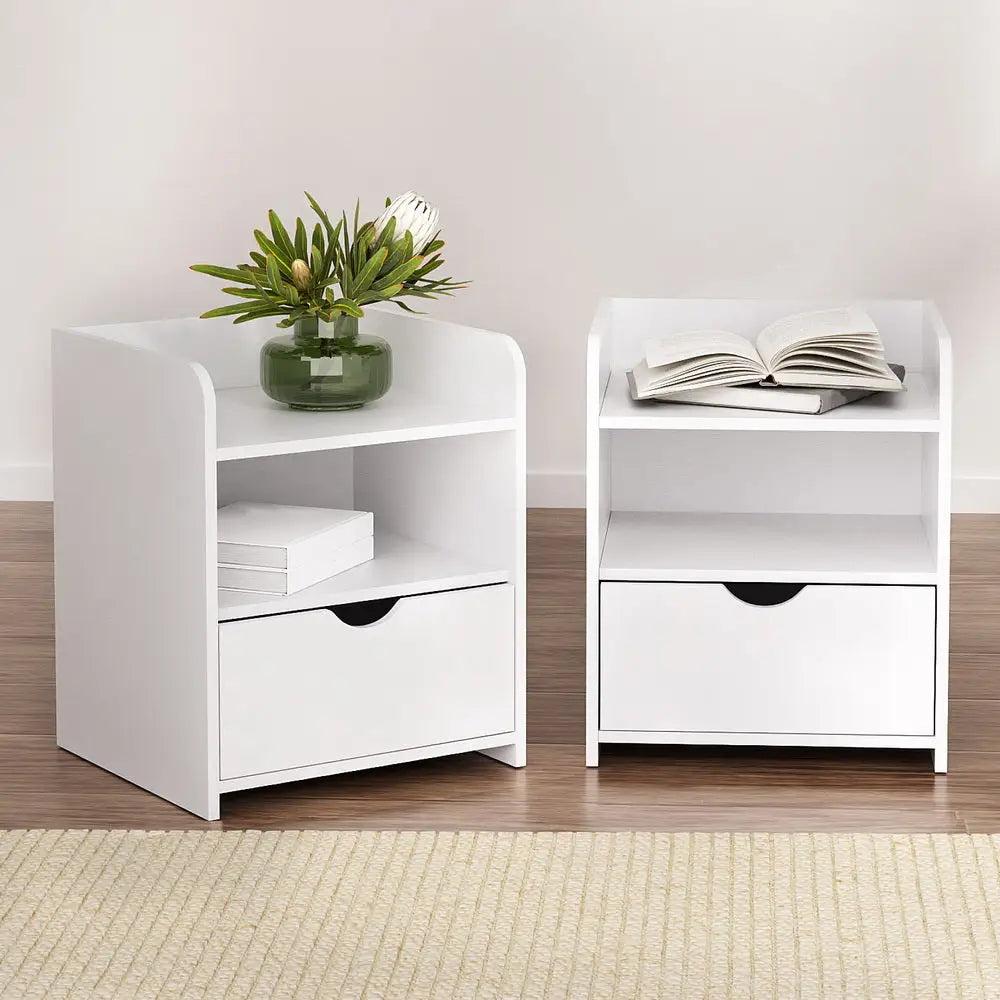 Artiss 2X Bedside Table 1 Drawer with Shelf - FARA White - Furniture > Bedroom > Bedside Tables