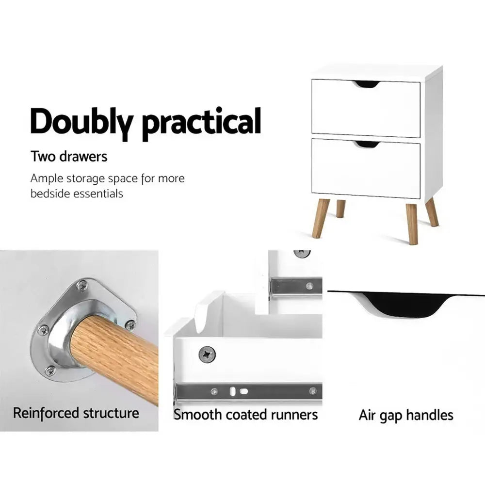 Artiss 2X Bedside Table 2 Drawers - BODEN White - Furniture > Bedroom > Bedside Tables