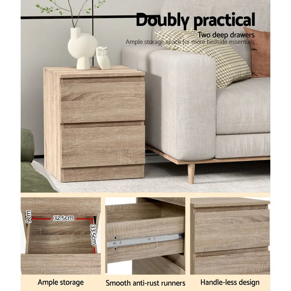 Artiss 2x Bedside Table 2 Drawers - PEPE Oak - Furniture > Bedroom > Bedside Tables