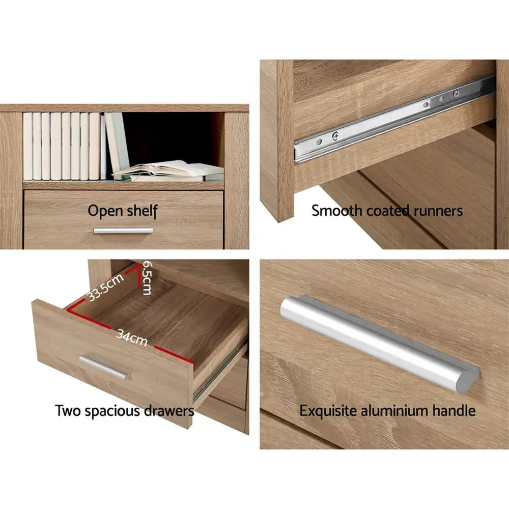 Artiss 2X Bedside Table 2 Drawers with Shelf - TARA Oak - Furniture > Bedroom > Bedside Tables