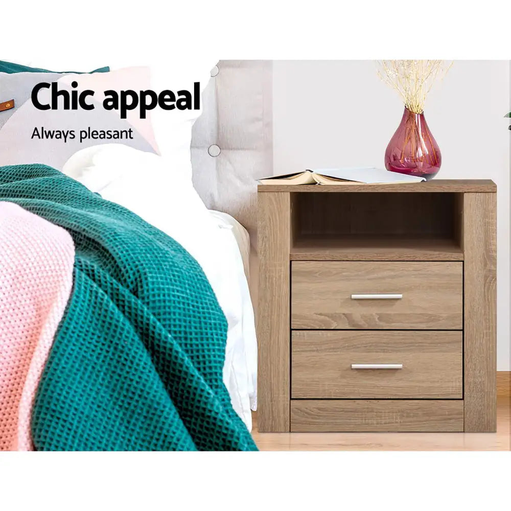Artiss 2X Bedside Table 2 Drawers with Shelf - TARA Oak - Furniture > Bedroom > Bedside Tables