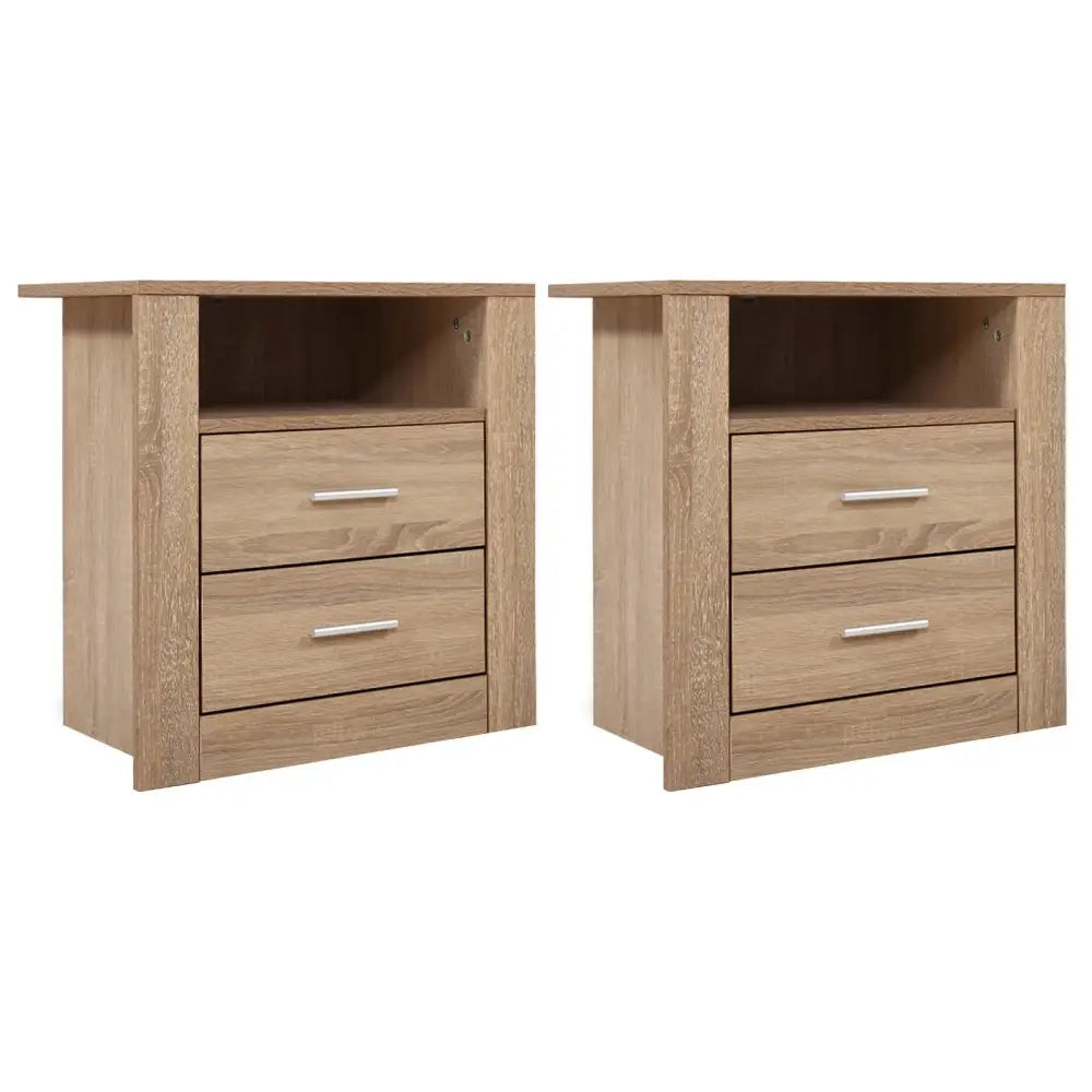 Artiss 2X Bedside Table 2 Drawers with Shelf - TARA Oak - Furniture > Bedroom > Bedside Tables
