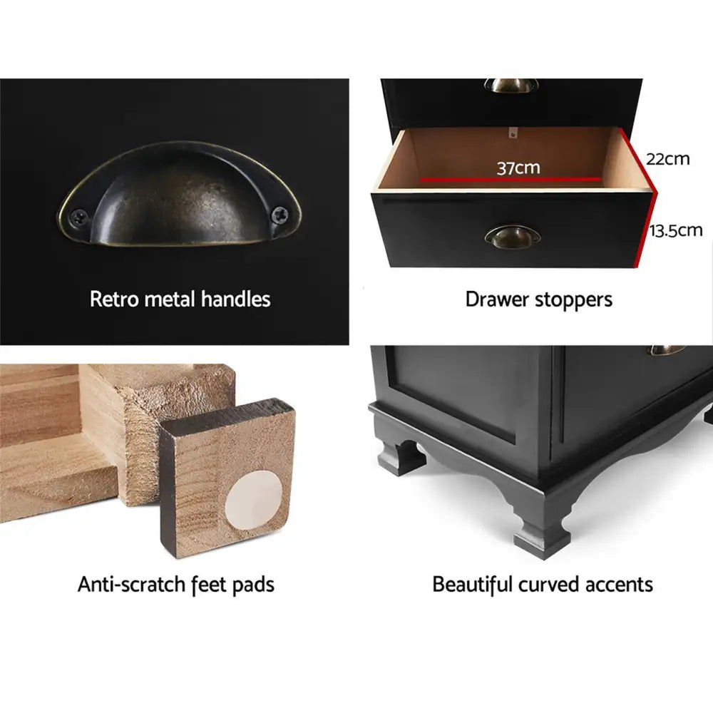 Artiss 2x Bedside Table 3 Drawers Vintage - THYME Black - Furniture > Bedroom > Bedside Tables