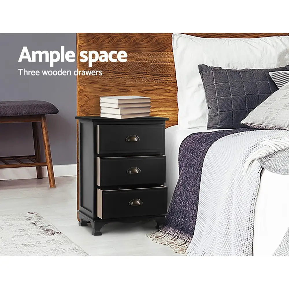 Artiss 2x Bedside Table 3 Drawers Vintage - THYME Black - Furniture > Bedroom > Bedside Tables