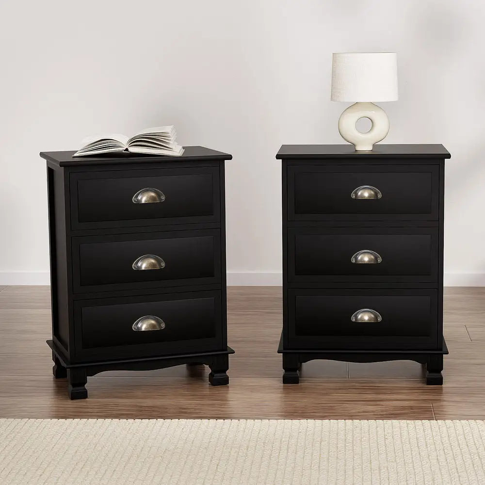 Artiss 2x Bedside Table 3 Drawers Vintage - THYME Black - Furniture > Bedroom > Bedside Tables