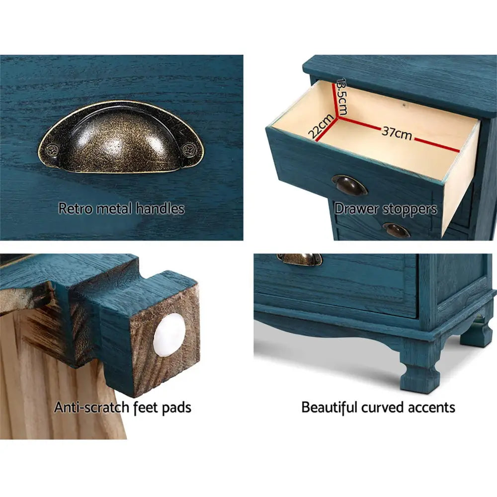 Artiss 2x Bedside Table 3 Drawers Vintage - THYME Blue - Furniture > Bedroom > Bedside Tables