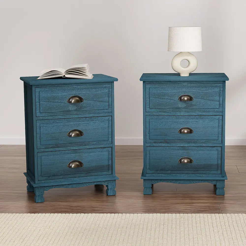 Artiss 2x Bedside Table 3 Drawers Vintage - THYME Blue - Furniture > Bedroom > Bedside Tables