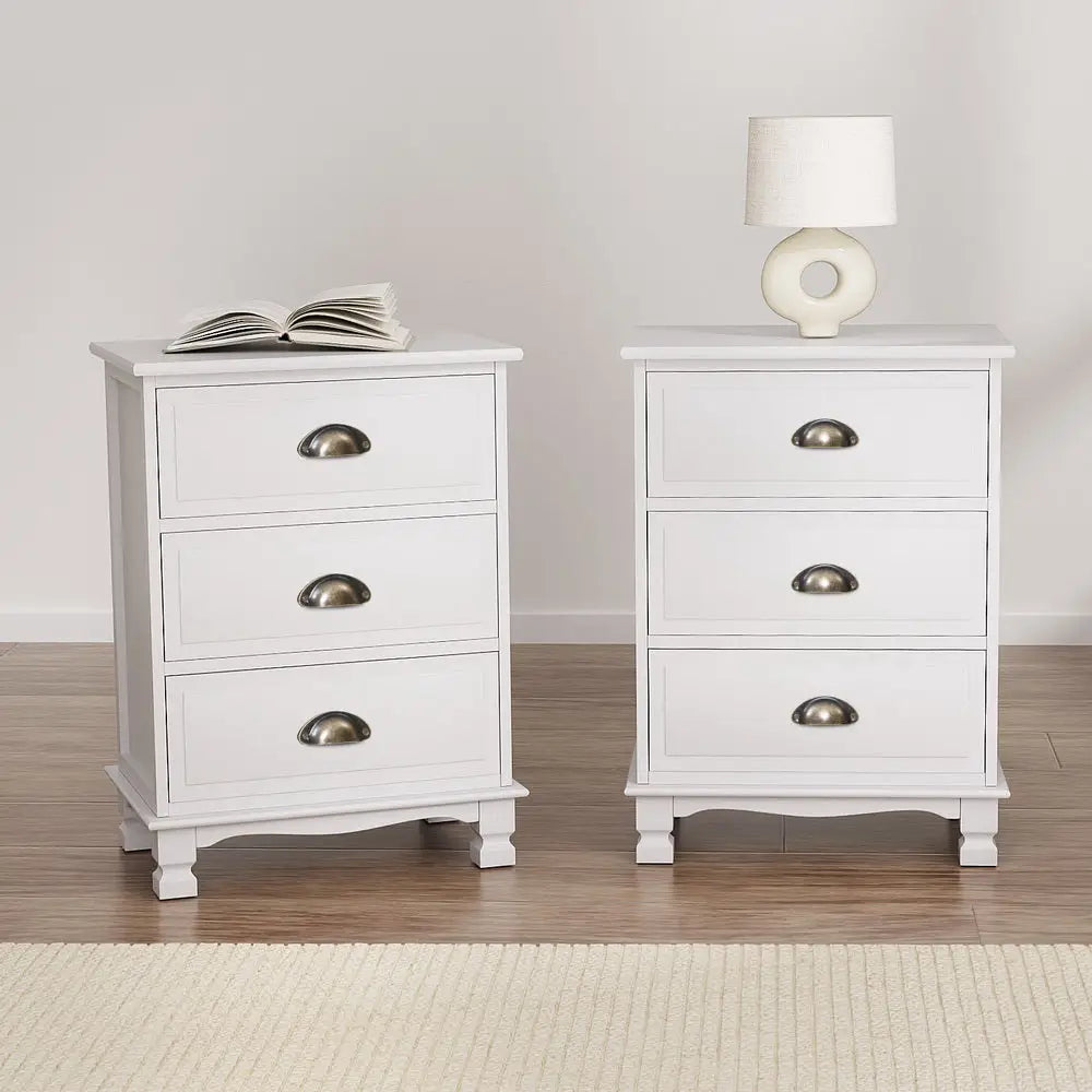Artiss 2x Bedside Table 3 Drawers Vintage - THYME White - Furniture > Bedroom > Bedside Tables