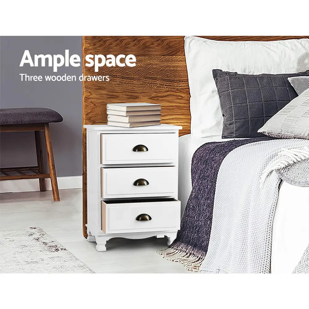 Artiss 2x Bedside Table 3 Drawers Vintage - THYME White - Furniture > Bedroom > Bedside Tables