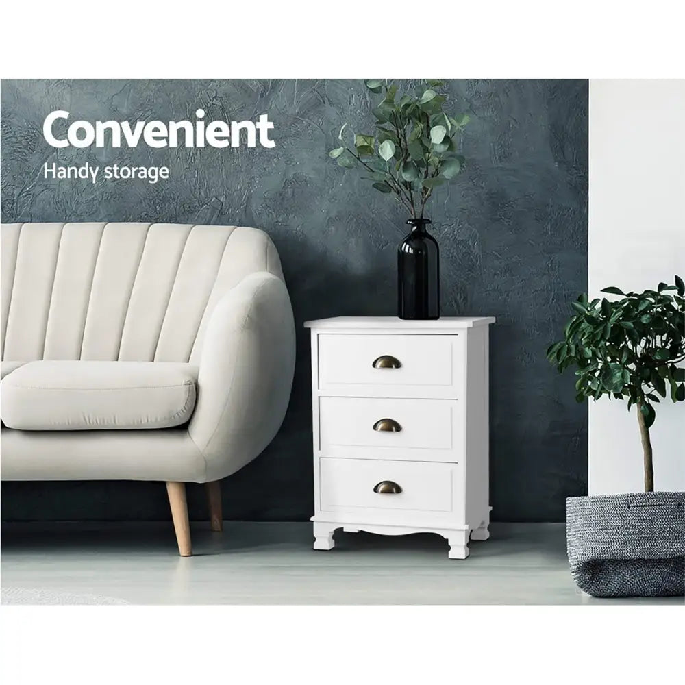 Artiss 2x Bedside Table 3 Drawers Vintage - THYME White - Furniture > Bedroom > Bedside Tables