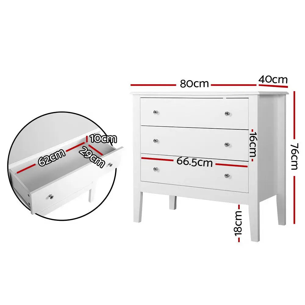 Artiss 3 Chest of Drawers - BRITTANY White - Furniture > Bedroom