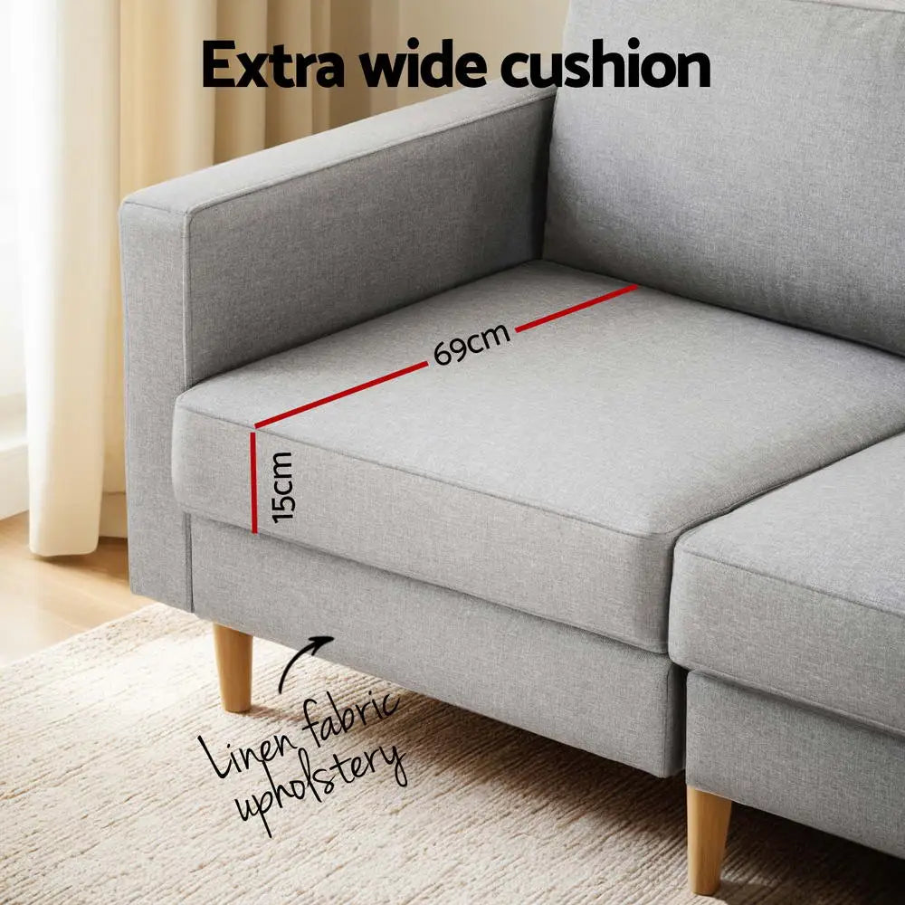 Artiss 3 Seater Sofa 225cm Linen Fabric Grey - Furniture > Sofas > Sofas & Sofa Beds