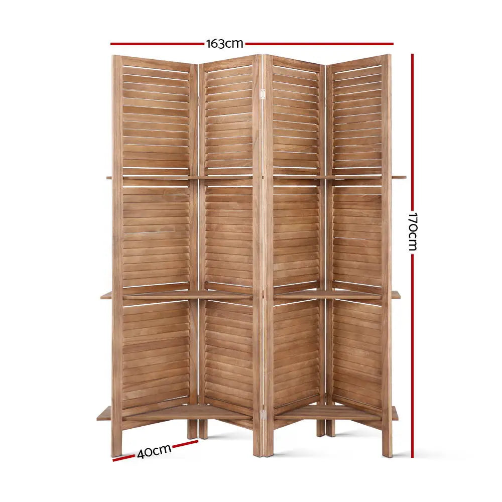 Artiss 4 Panel Room Divider Screen 163x170cm Shelf Oak - Furniture > Living Room