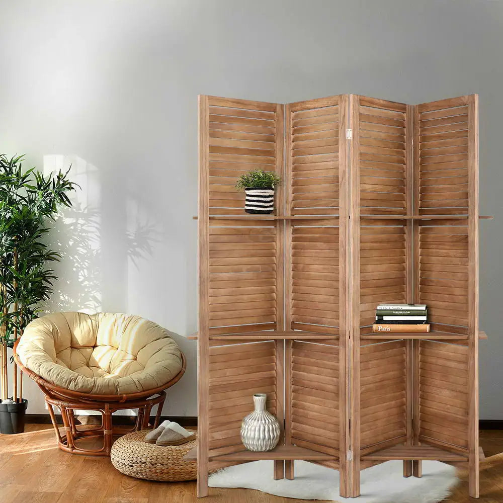Artiss 4 Panel Room Divider Screen 163x170cm Shelf Oak - Furniture > Living Room