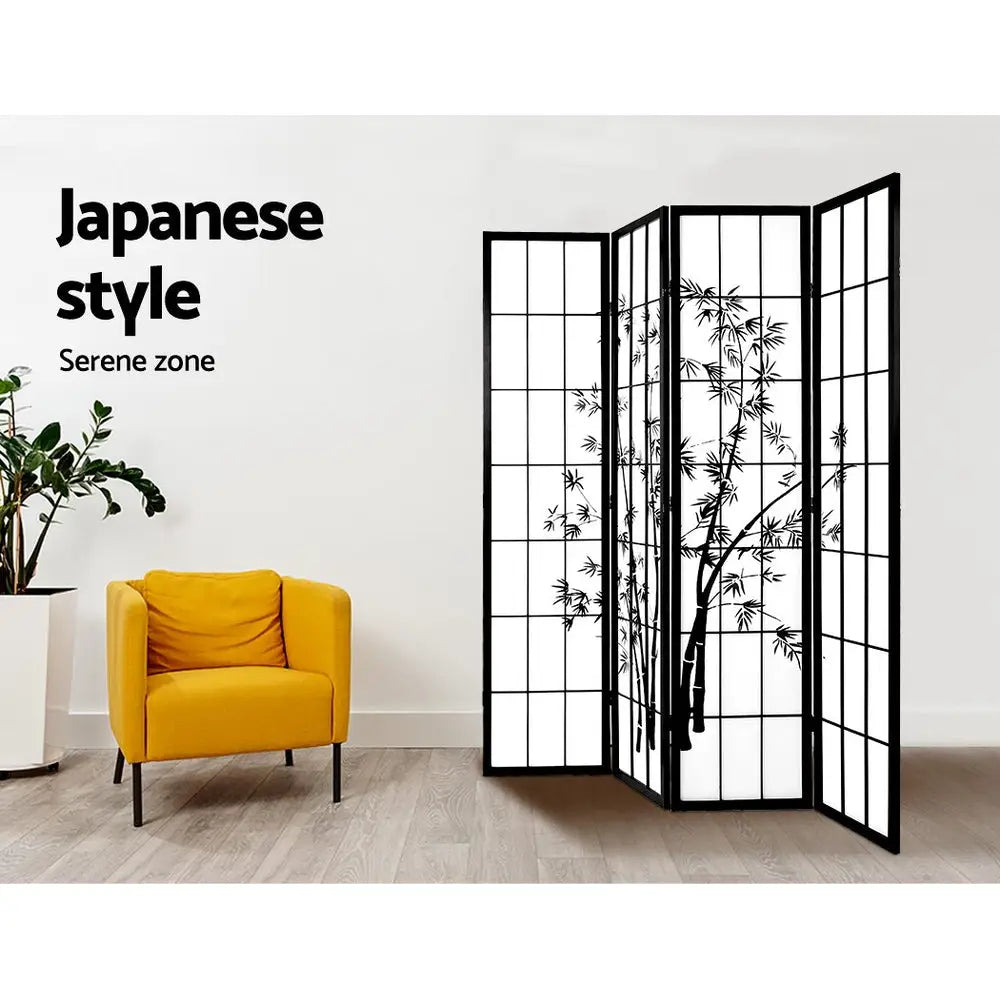 Artiss 4 Panel Room Divider Screen 174x179cm Bamboo Black White - Furniture > Living Room