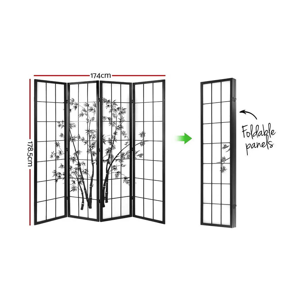 Artiss 4 Panel Room Divider Screen 174x179cm Bamboo Black White - Furniture > Living Room