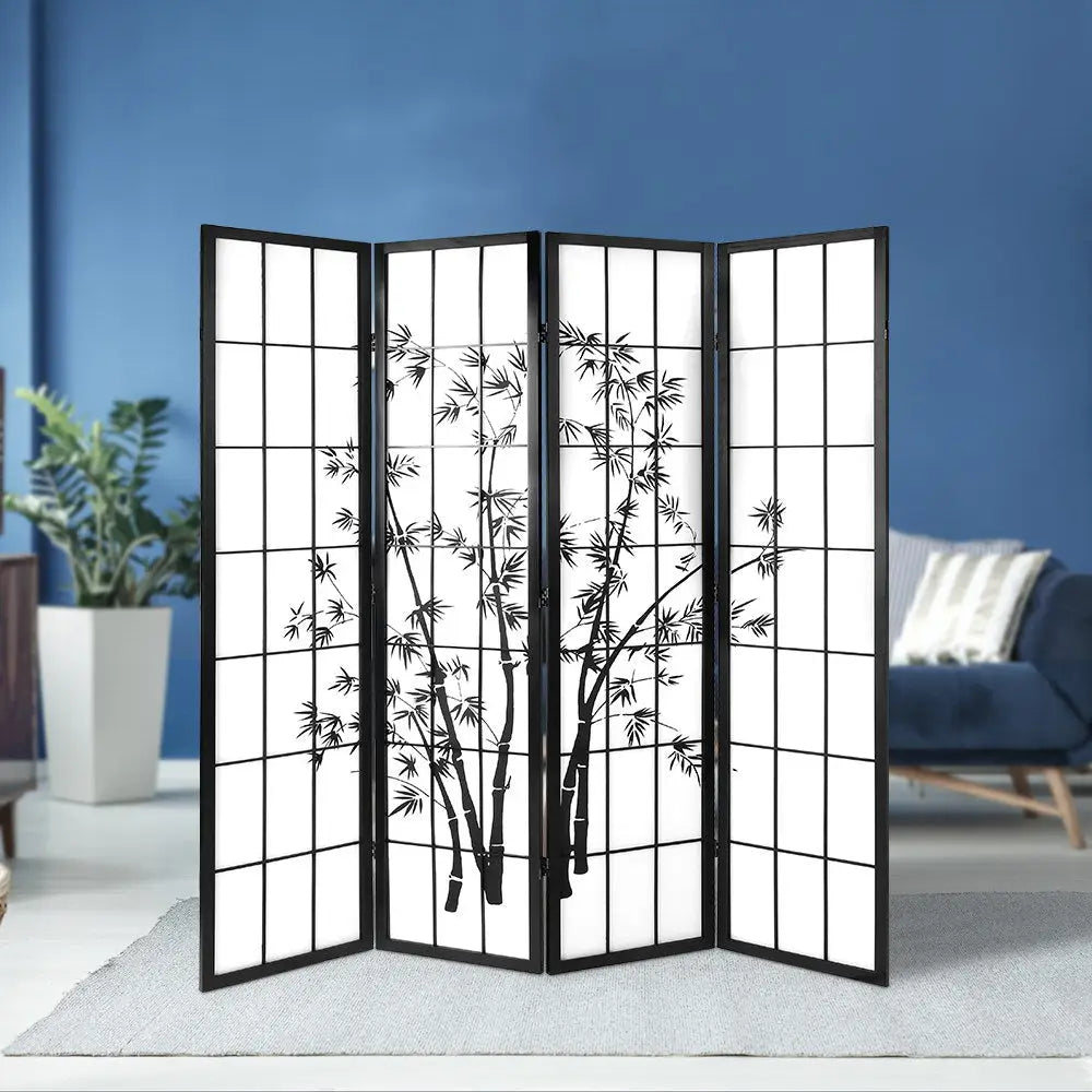 Artiss 4 Panel Room Divider Screen 174x179cm Bamboo Black White - Furniture > Living Room
