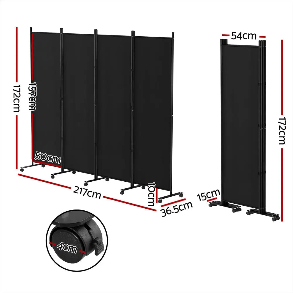 Artiss 4 Panel Room Divider Screen 217cm Wheel Fabric Black - Furniture > Bedroom > Room Dividers