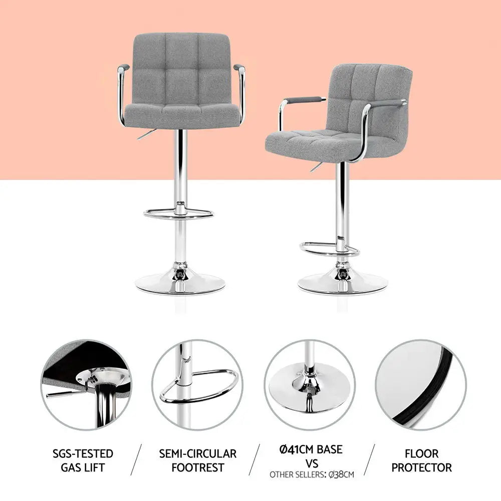Artiss 4x Bar Stools Fabric Gas Lift w/Armrest Grey - Furniture > Bar Stools & Chairs > Table & Bar Stools