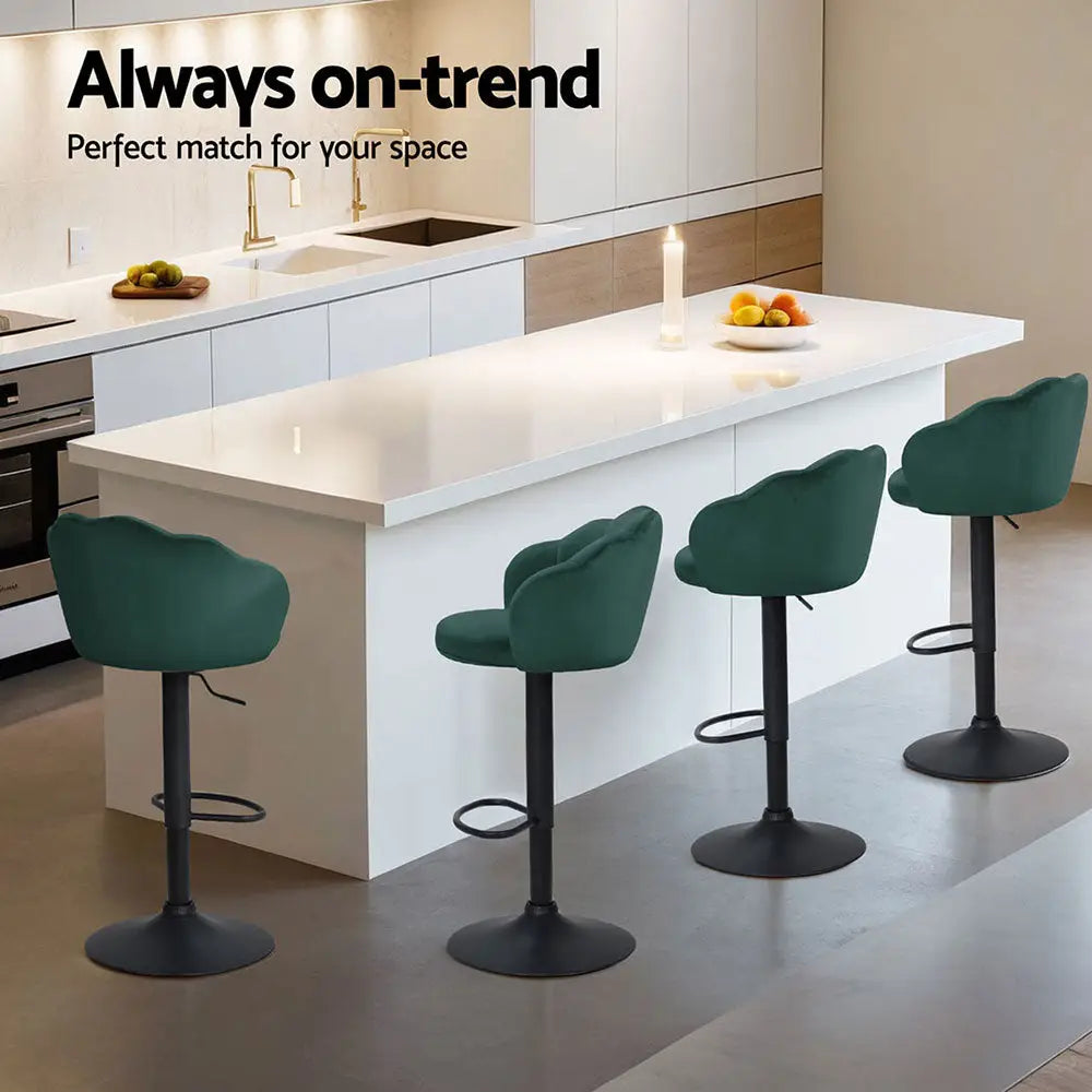 Artiss 4x Bar Stools Gas Lift Velvet Green - Furniture > Bar Stools & Chairs > Table & Bar Stools