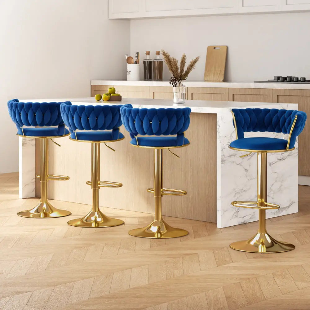 Artiss 4x Bar Stools Gas Lift Velvet Woven Backrest Navy - Furniture > Bar Stools & Chairs > Table & Bar Stools