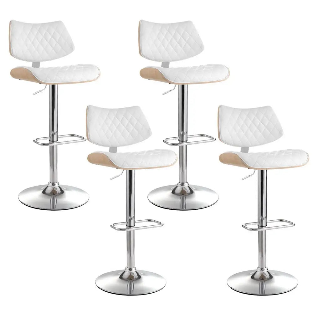 Artiss 4x Bar Stools Kitchen Dining Chairs Gas Lift Stool Wooden Leather White - Furniture > Bar Stools & Chairs >