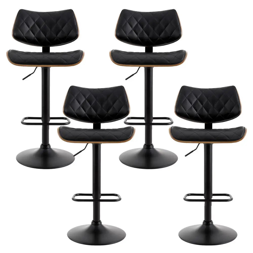 Artiss 4x Bar Stools Kitchen Dining Chairs Gas Lift Stool Wooden Leather Black - Furniture > Bar Stools & Chairs >