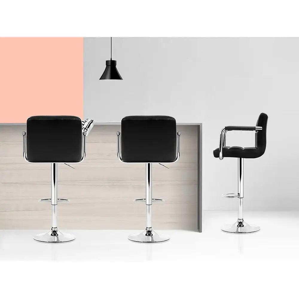 Artiss 4x Bar Stools Leather Gas Lift w/Armrest Black - Furniture > Bar Stools & Chairs
