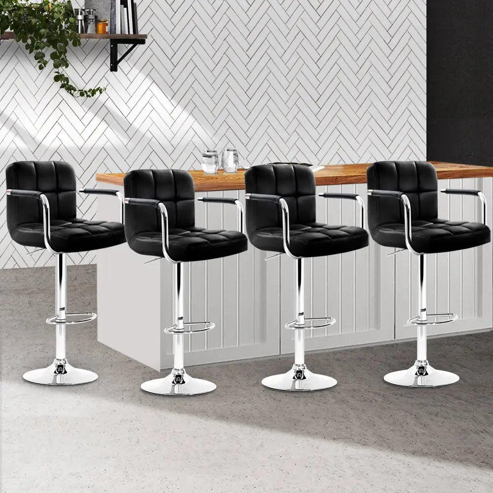 Artiss 4x Bar Stools Leather Gas Lift w/Armrest Black - Furniture > Bar Stools & Chairs