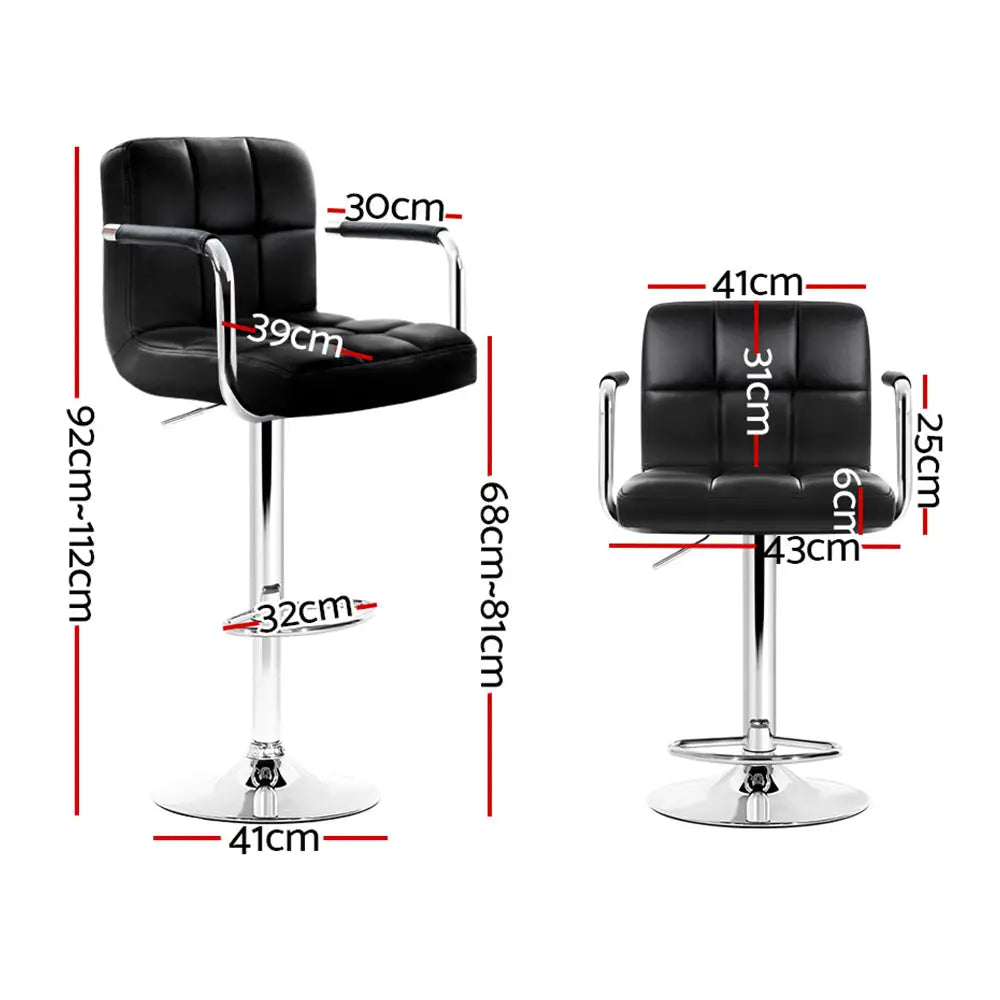Artiss 4x Bar Stools Leather Gas Lift w/Armrest Black - Furniture > Bar Stools & Chairs