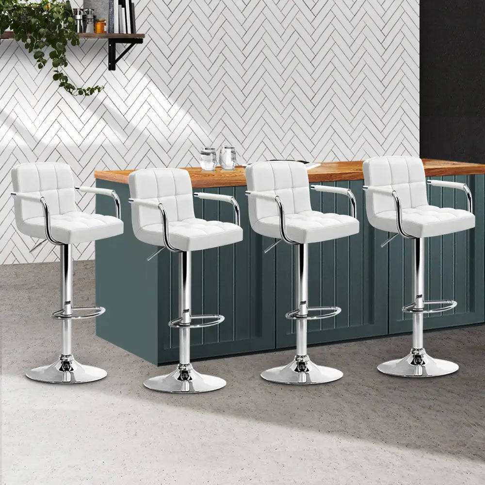 Artiss 4x Bar Stools Leather Gas Lift w/Armrest White - Furniture > Bar Stools & Chairs