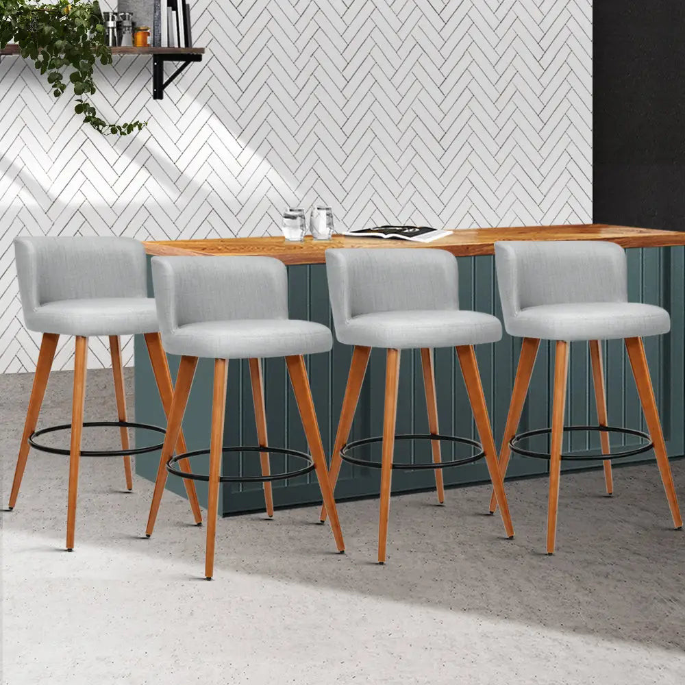 Artiss 4x Bar Stools Linen Padded Wooden Grey - Furniture > Bar Stools & Chairs