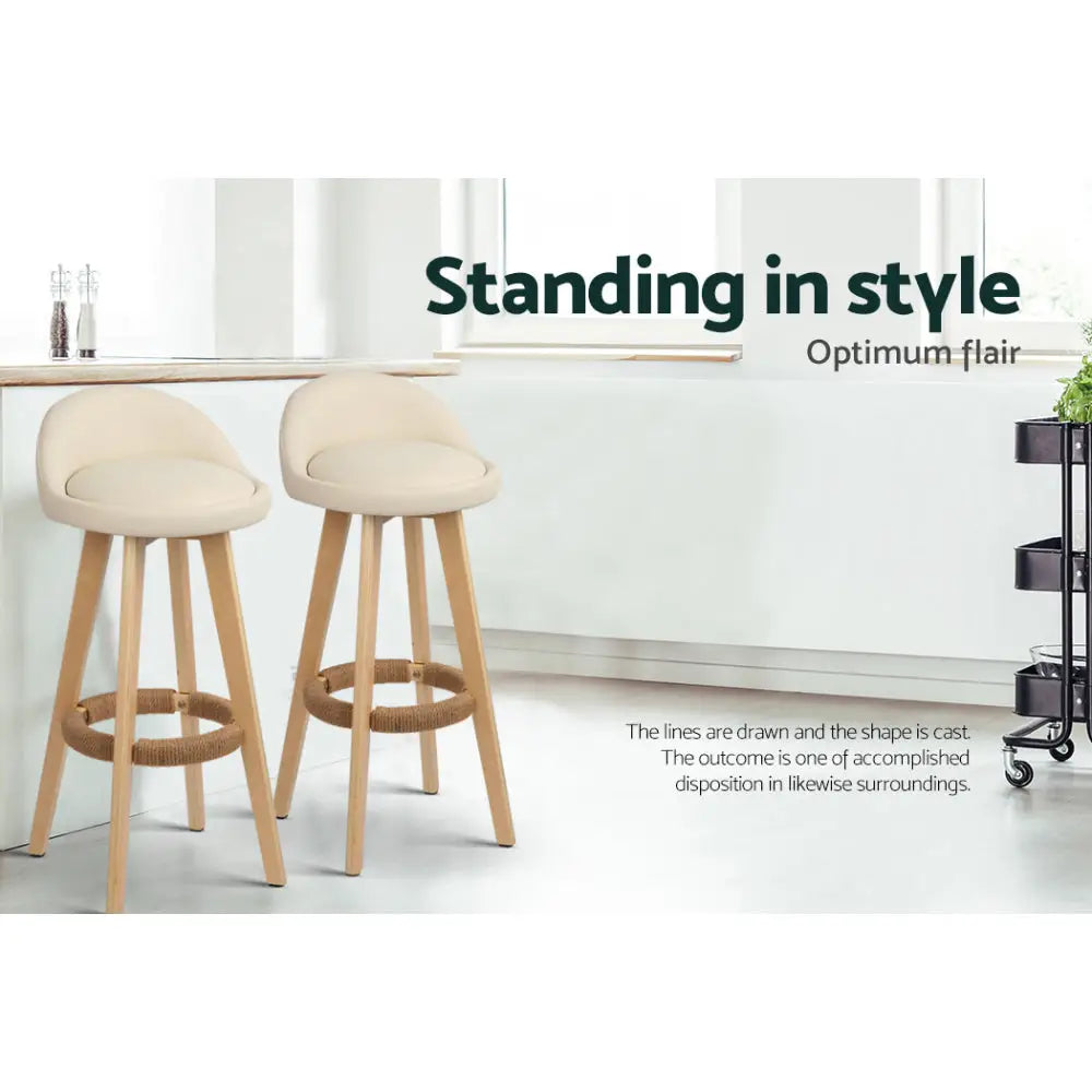 Artiss 4x Bar Stools Padded Leather Wooden Beige - Furniture > Bar Stools & Chairs > Table & Bar Stools