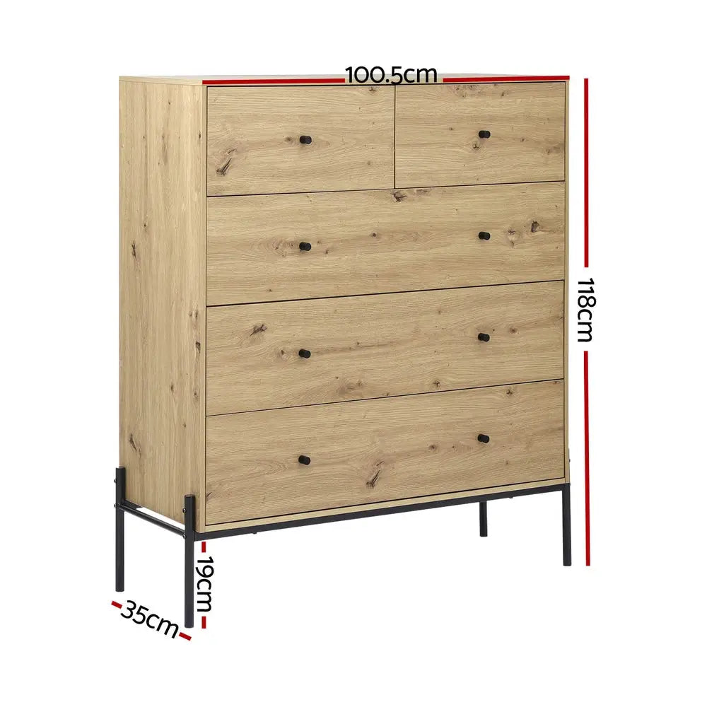 Artiss 5 Chest of Drawers - ARNO Pine - Furniture > Bedroom
