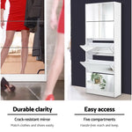 Artiss 5 Drawer Mirrored Wooden Shoe Cabinet - White - Home & Garden > Storage