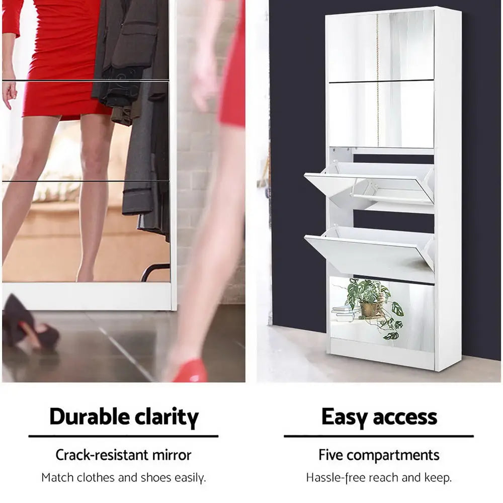 Artiss 5 Drawer Mirrored Wooden Shoe Cabinet - White - Home & Garden > Storage