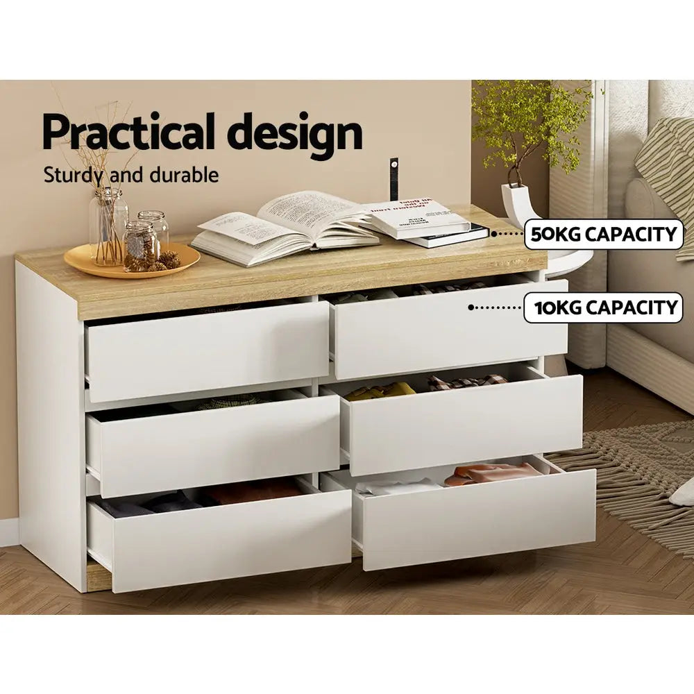Artiss 6 Chest of Drawers Cabinet Dresser Table Tallboy Storage Bedroom White - Furniture > Bedroom > Dressers